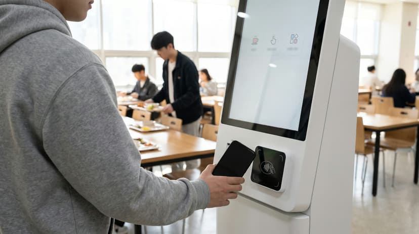 학생식당 계산대에서 학생이 스마트폰으로 결제하는 장면